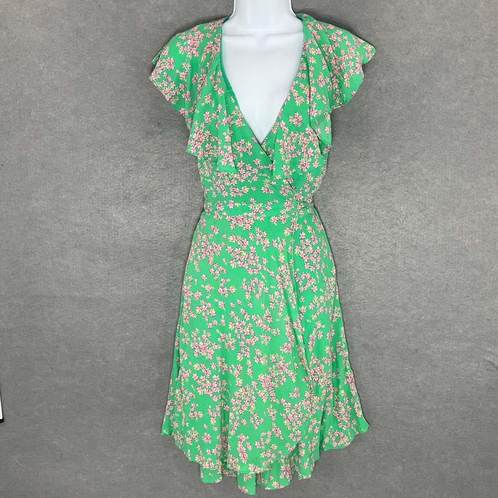 Draper James Floral Wrap Dress Ruffle Trim Green‎ Pink Romantic Feminine XS